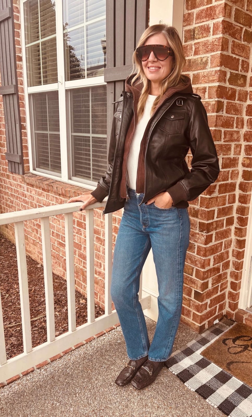 Brown Leather Jacket Layered Over White and Brown Tops Brown Leather Jacket Layered Over White and Brown Tops — Classy Brown Leather Jacket Outfit