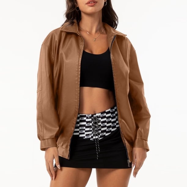 Brown Faux Leather Jacket with Black Crop Top and Mini Skirt Brown Faux Leather Jacket with Black Crop Top and Mini Skirt — Classy Brown Leather Jacket Outfit