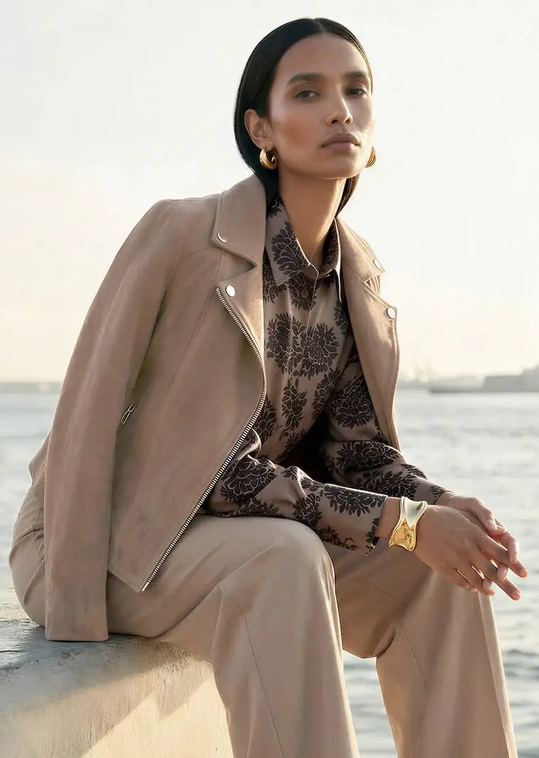 Beige Suede Jacket Over Floral Blouse Beige Suede Jacket Over Floral Blouse — Classy Brown Leather Jacket Outfit