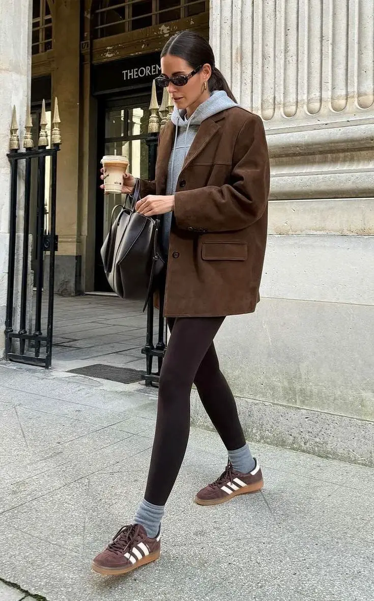 Urban Casual Brown Suede Blazer Look Urban Casual Brown Suede Blazer Look — Classy Brown Leggings Outfit