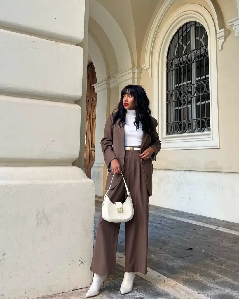 Brown Suit Wide-Leg Trousers with White Turtleneck and Blazer — Classy Brown Pants Outfits
