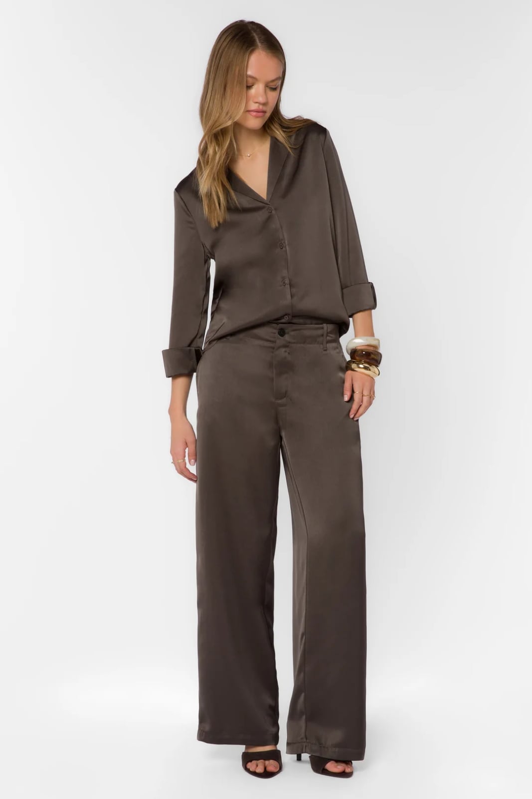 Brown Satin Wide-Leg Trousers with Matching Button-Down Shirt — Classy Brown Pants Outfits