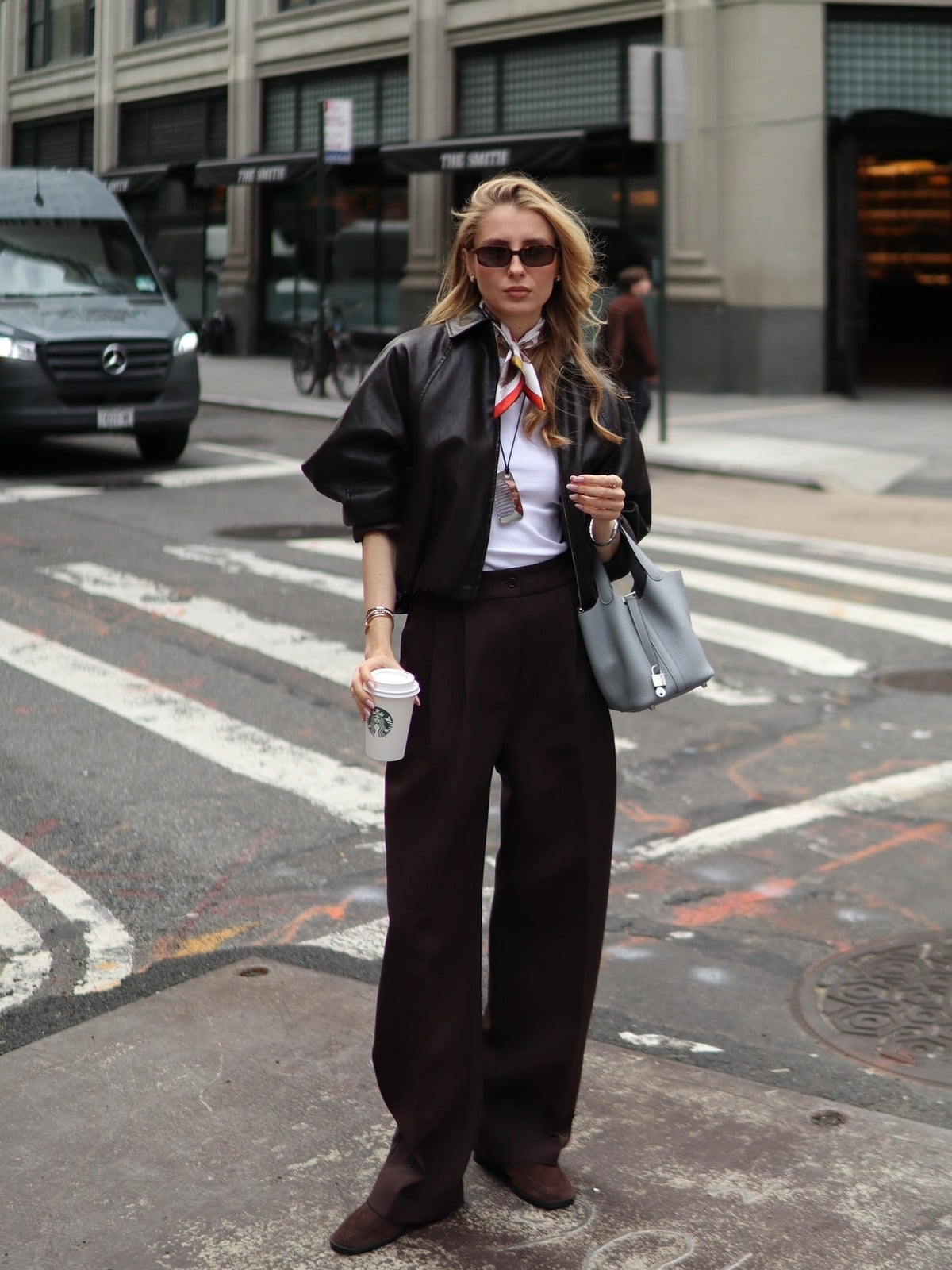 Brown Wide-Leg Trousers with White T-Shirt and Leather Jacket — Classy Brown Pants Outfits