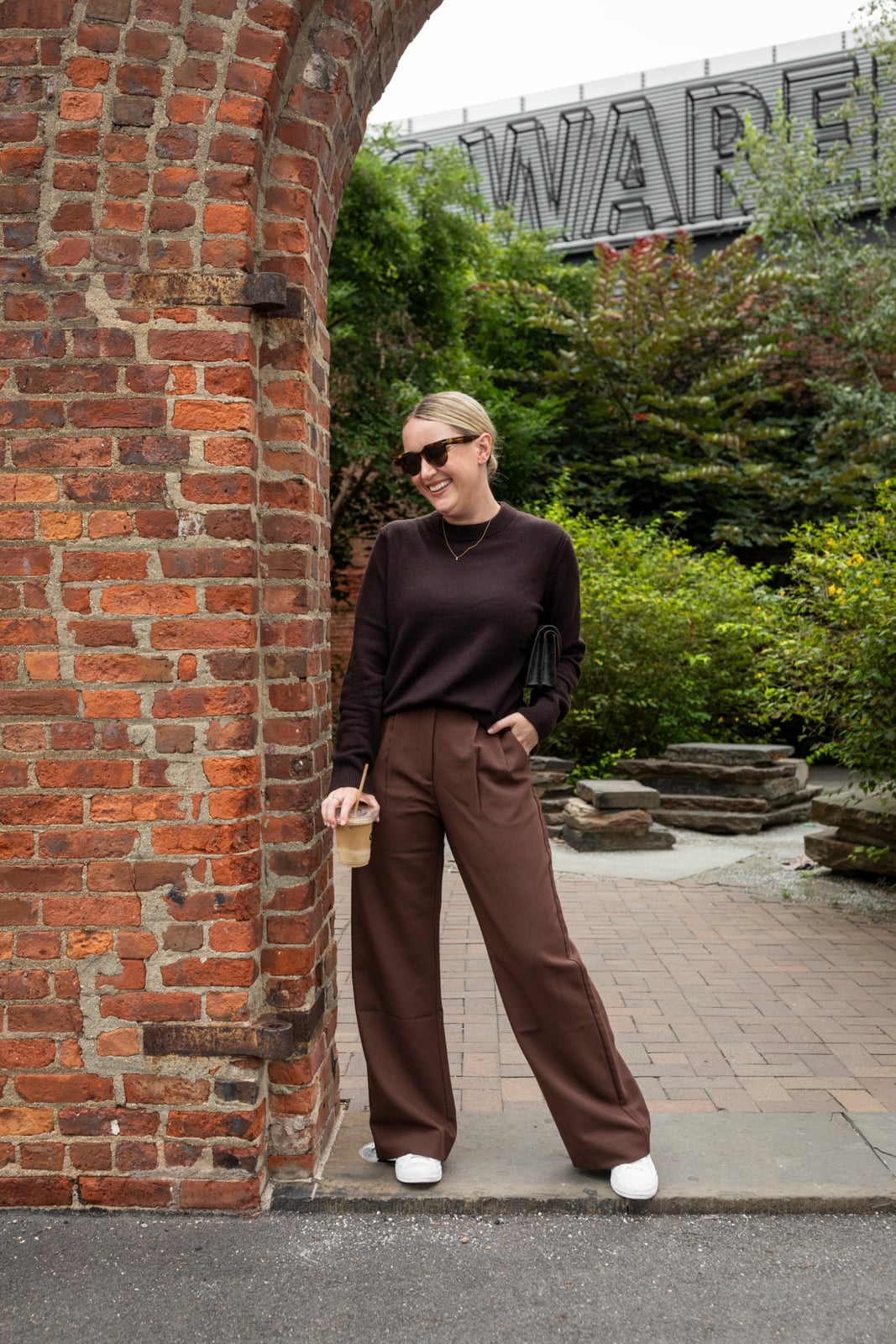 Brown Wide-Leg Trousers with Matching Sweater and White Sneakers — Classy Brown Pants Outfits