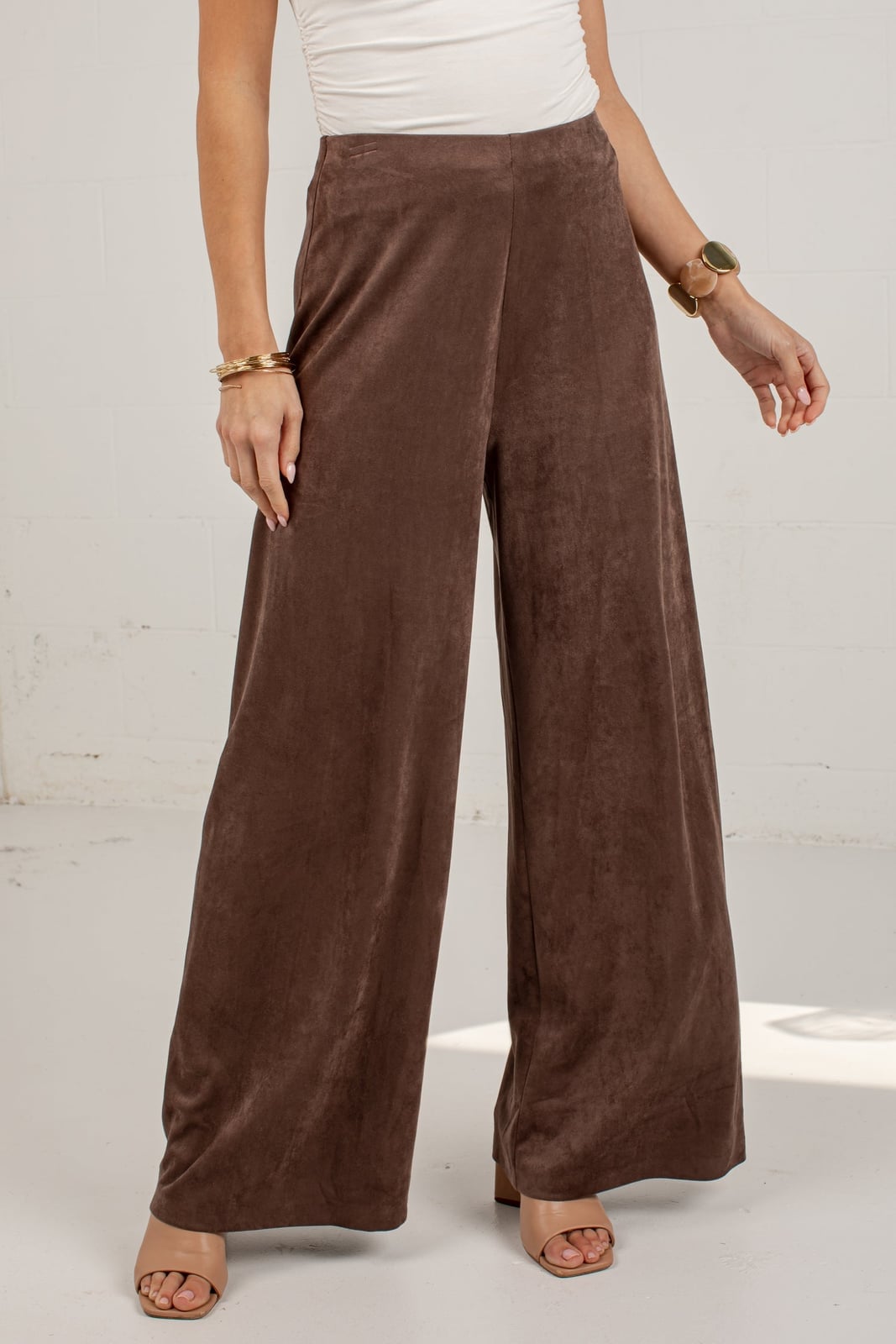 Brown Satin Wide-Leg Trousers with Black Turtleneck Top — Classy Brown Pants Outfits