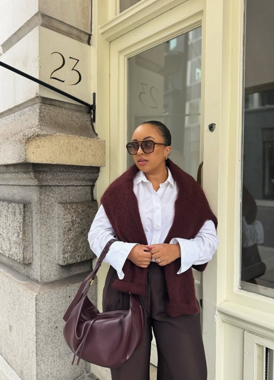 Dark Brown Wide-Leg Trousers with White Shirt and Burgundy Scarf — Classy Brown Pants Outfits