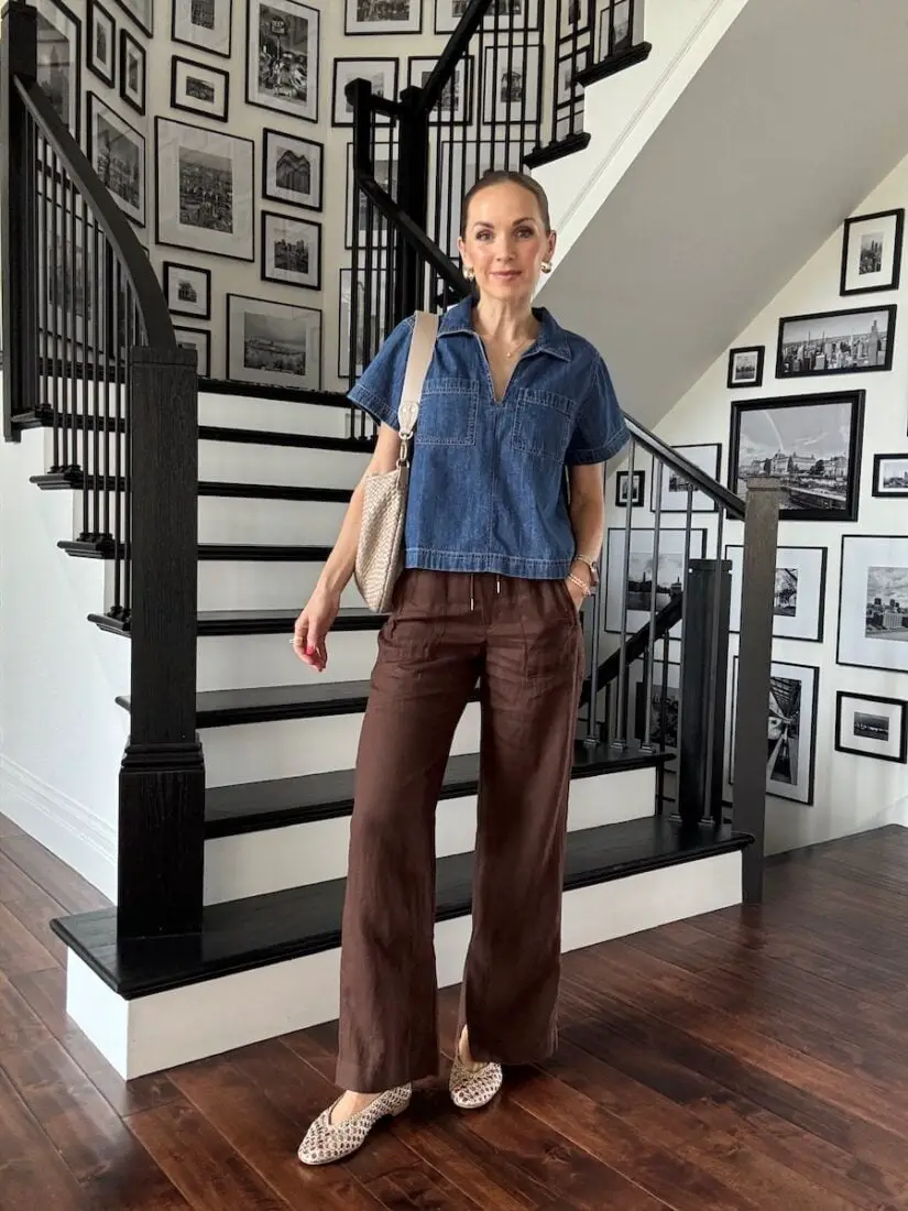 Brown Linen Wide-Leg Trousers with Blue Denim Shirt — Classy Brown Pants Outfits