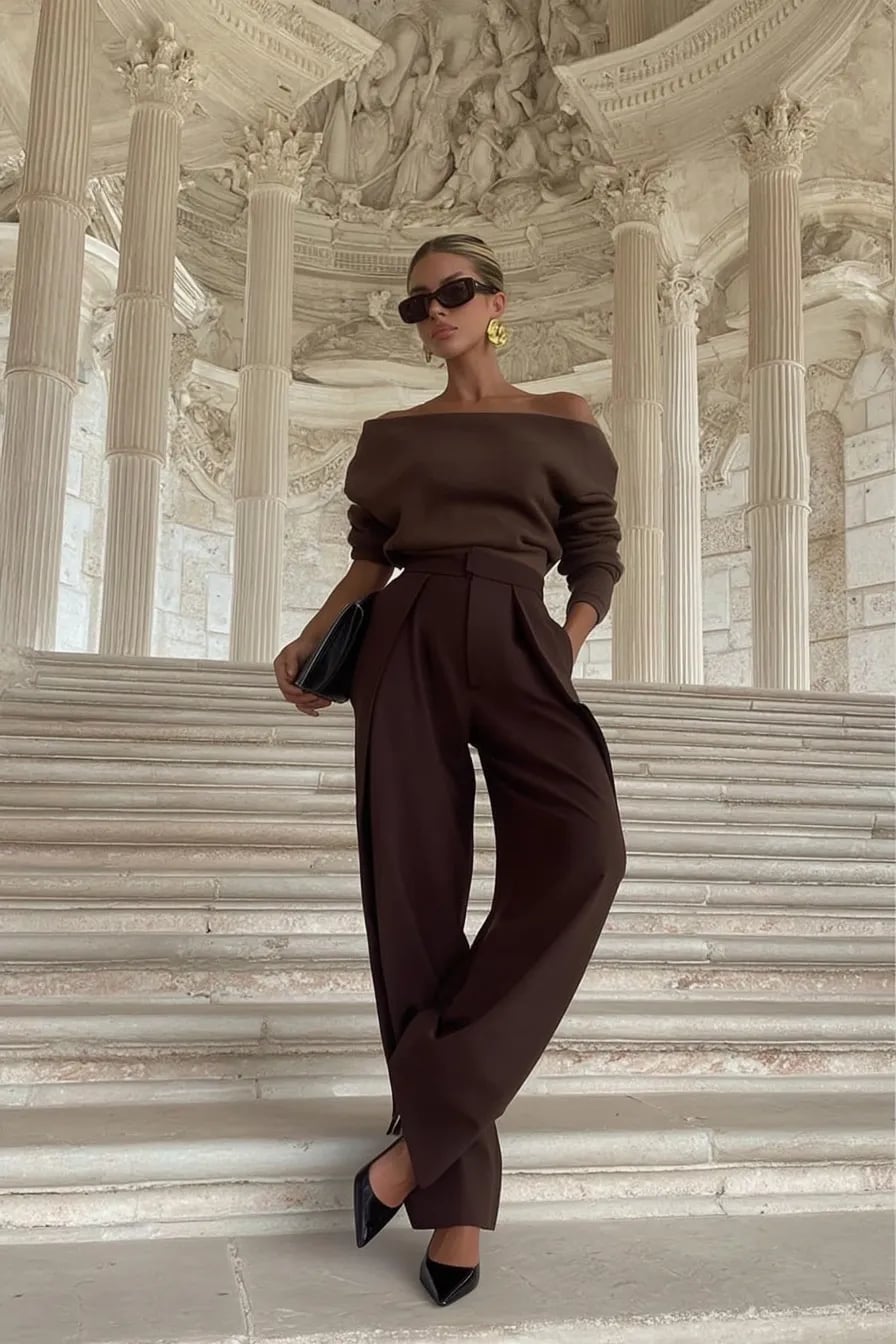 Monochromatic Brown Wide-Leg Trousers with Off-The-Shoulder Sweater — Classy Brown Pants Outfits