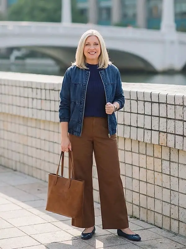 Brown Wide-Leg Trousers with Navy Sweater and Denim, Close-Up Take — Classy Brown Pants Outfits