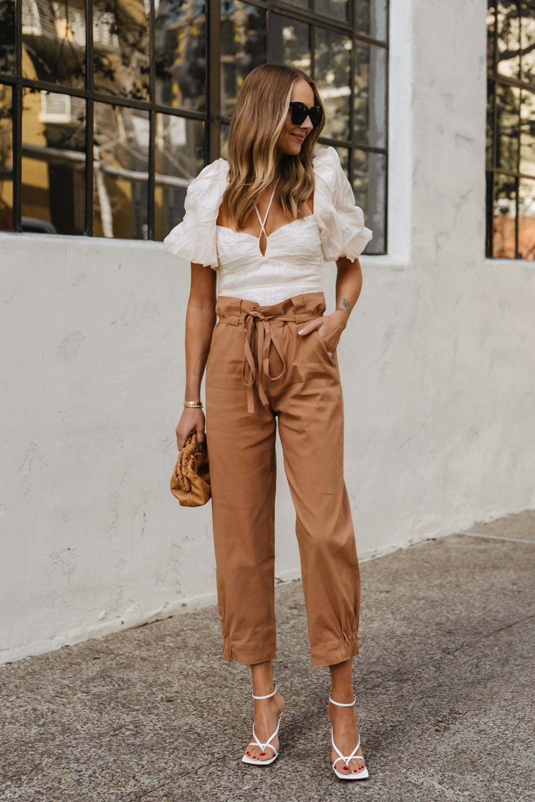 Tan Paperbag Waist Trousers with Puff-Sleeve Top — Classy Brown Pants Outfits