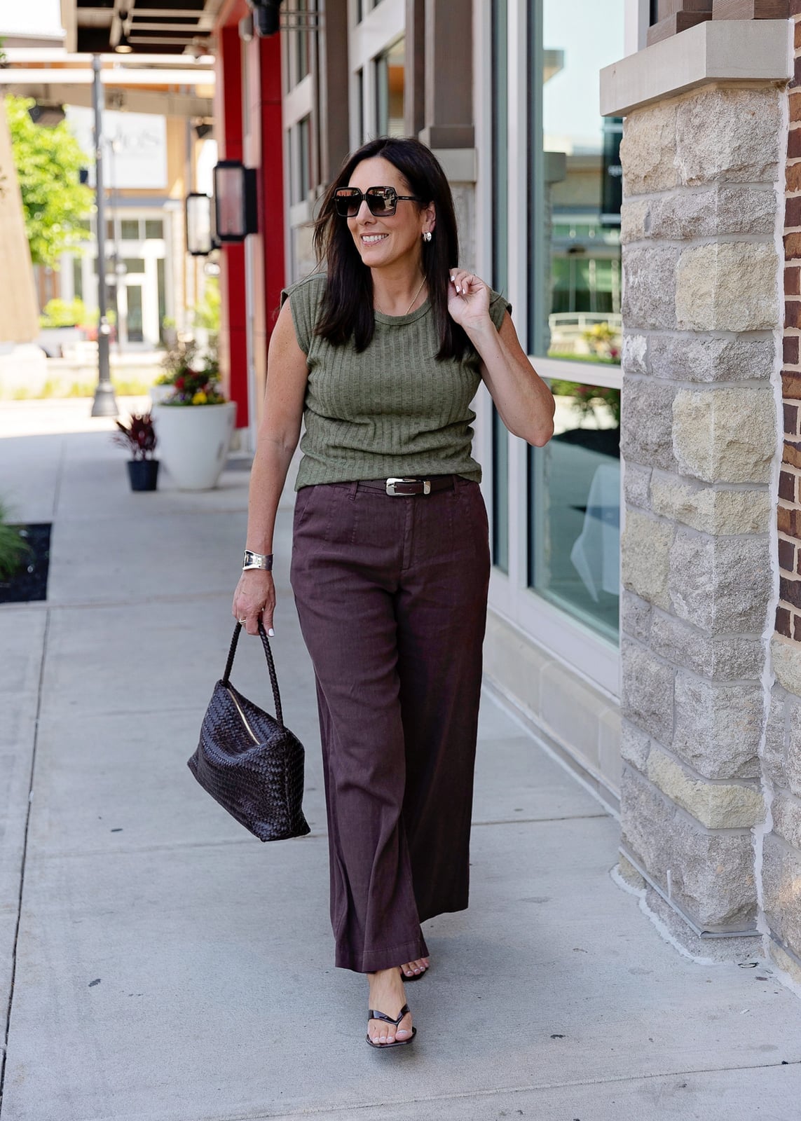 Dark Brown Wide-Leg Trousers with Olive Green Top — Classy Brown Pants Outfits