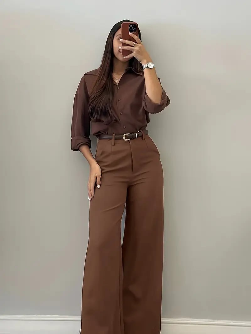 Brown Wide-Leg Trousers with Matching Satin Shirt, Office-Safe Version — Classy Brown Pants Outfits