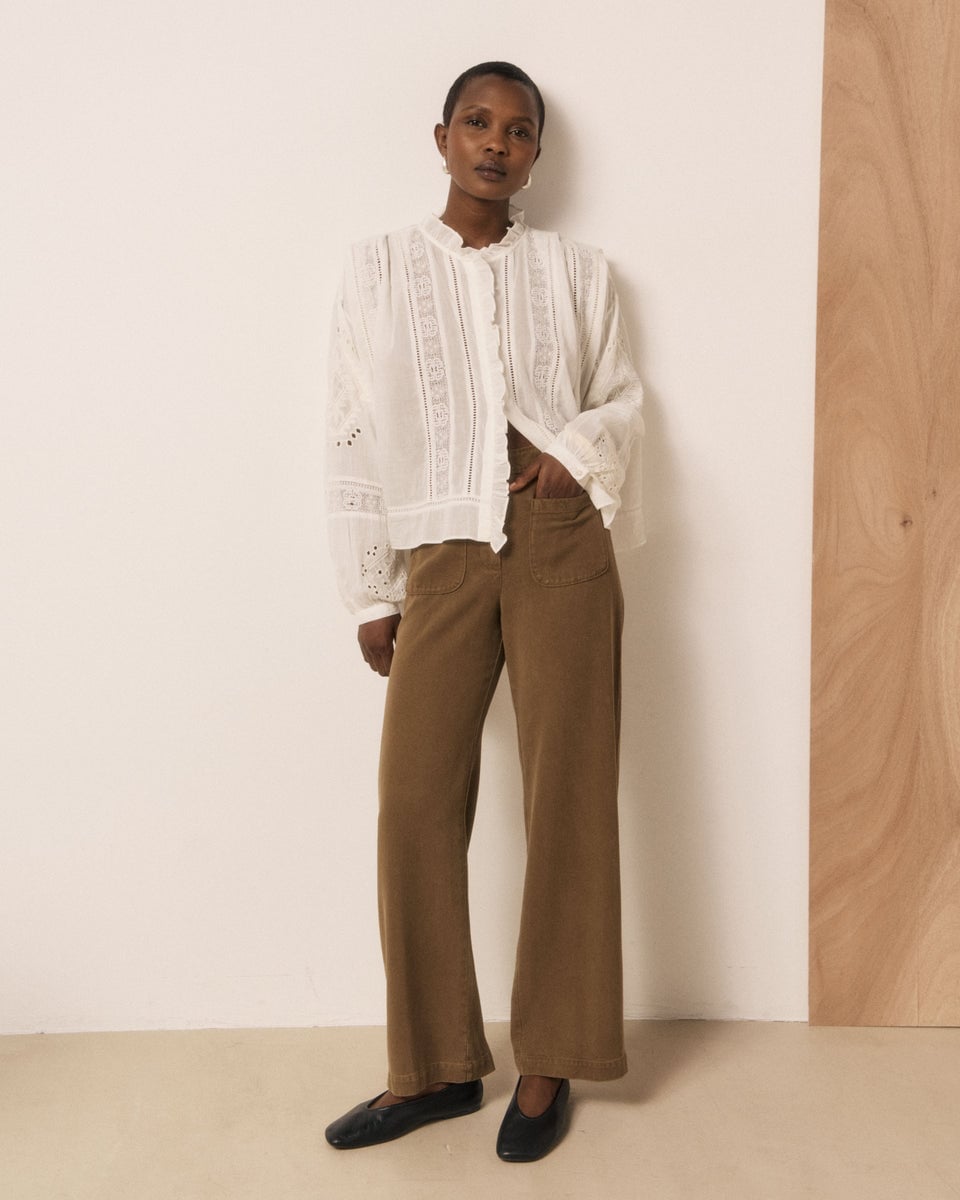 Brown Corduroy Wide-Leg Trousers with Embroidered, Close-Up Take — Classy Brown Pants Outfits