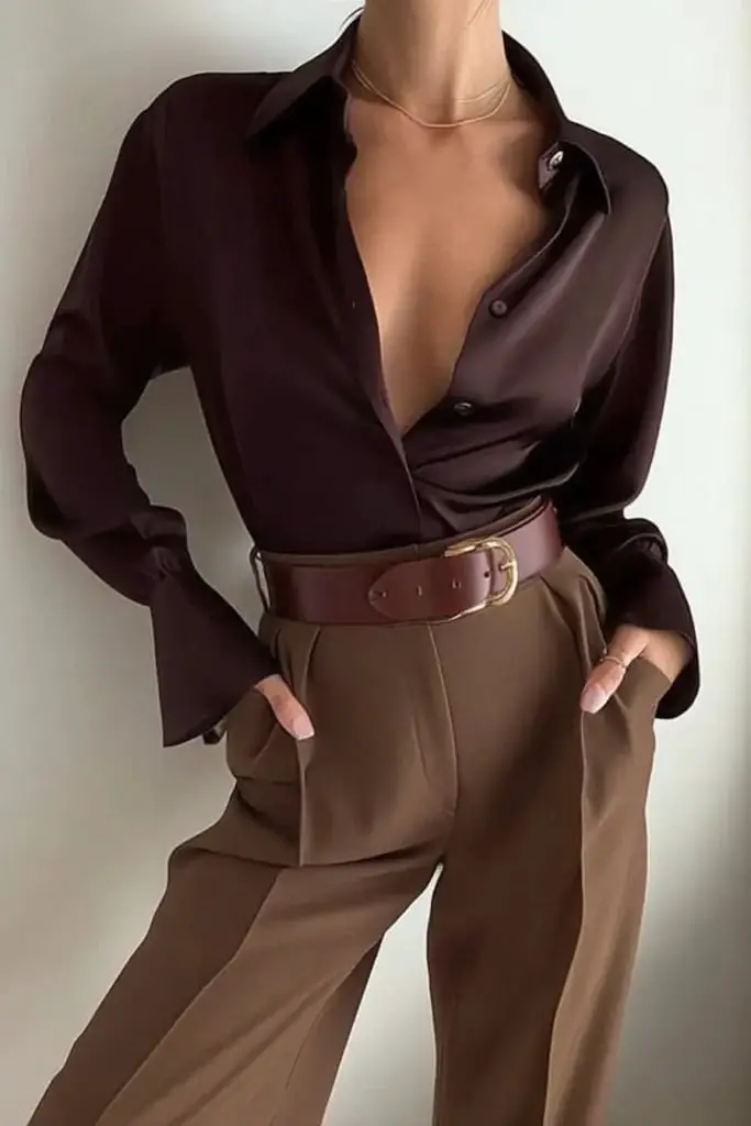 Brown Tailored Trousers with a Deep V-neck Silk Blouse — Classy Brown Pants Outfits