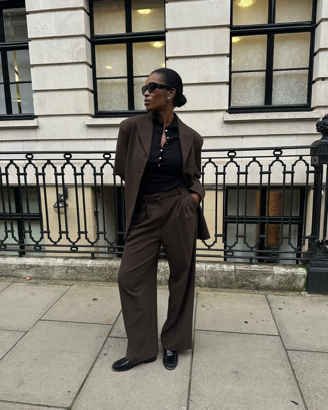Brown Wide-Leg Trousers with Oversized Blazer and Collared Shirt — Classy Brown Pants Outfits