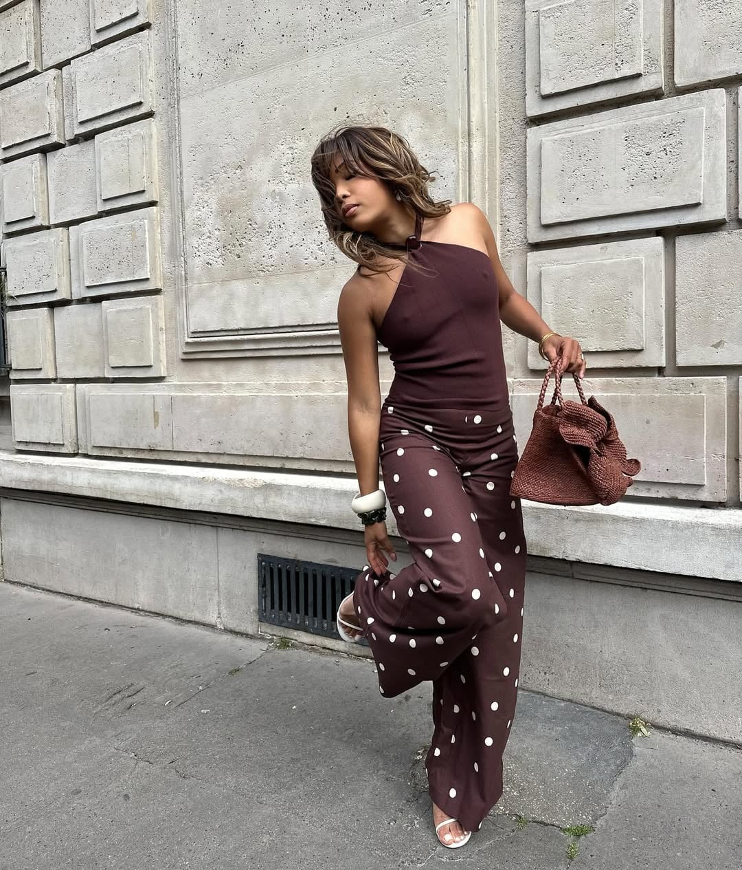 Brown Polka Dot Wide-Leg Pants with Matching Halter Top — Classy Brown Pants Outfits