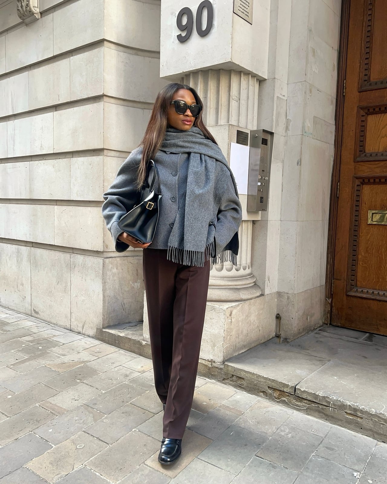 Brown Tailored Wide-Leg Trousers with Gray Oversized, Close-Up Take — Classy Brown Pants Outfits