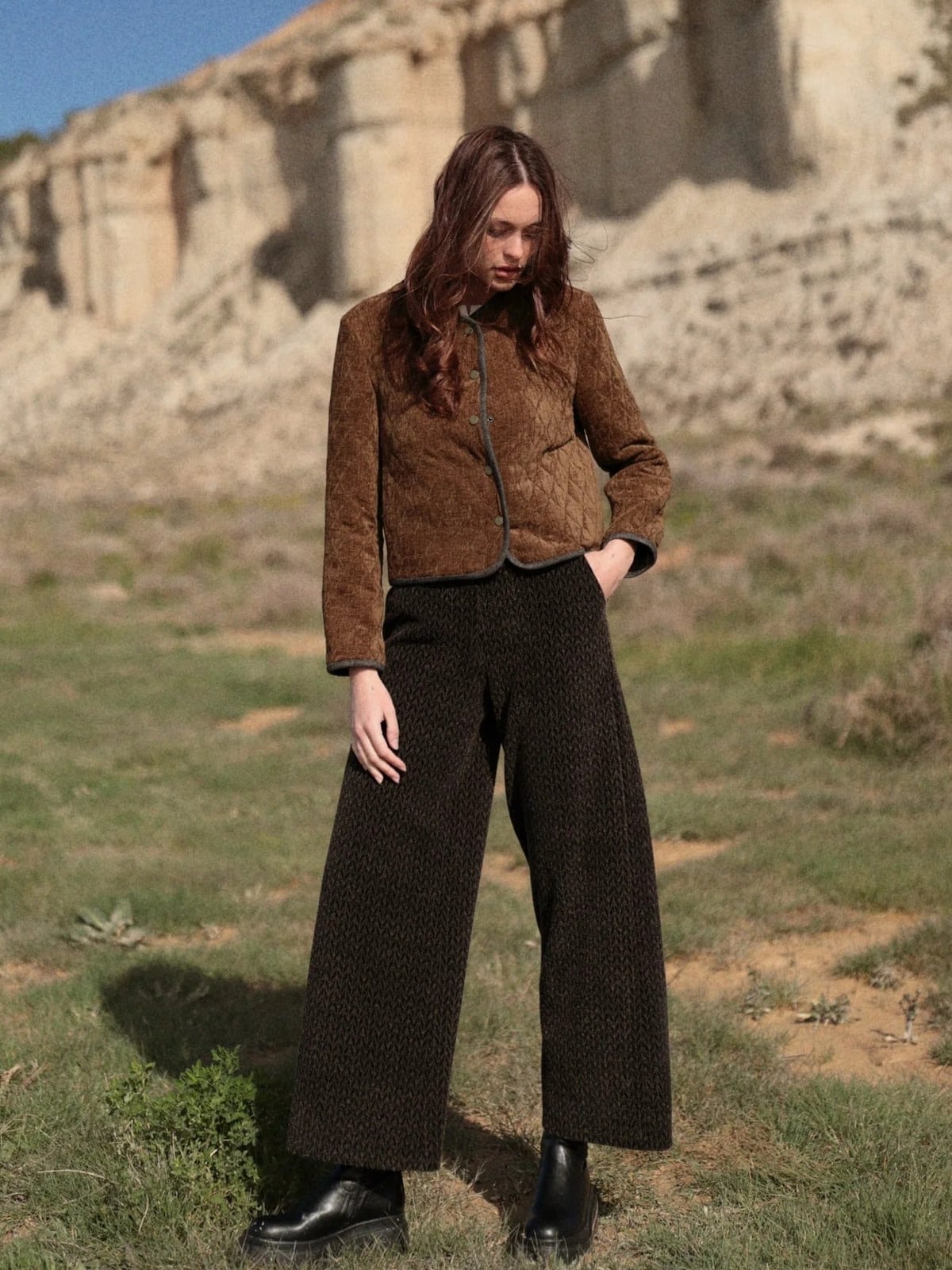 Brown Knit Wide-Leg Trousers with Quilted Jacket — Classy Brown Pants Outfits