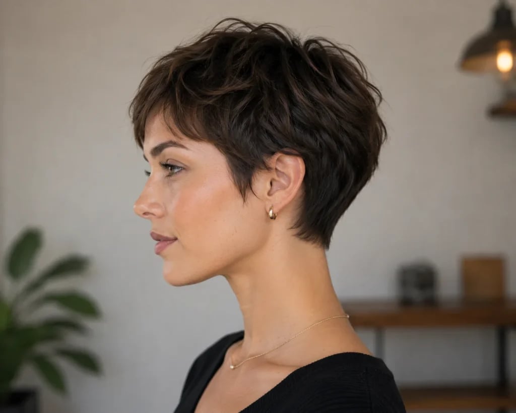 Chin Length Pixie Bob With Curtain Bangs Chin Length Pixie Bob With Curtain Bangs — Classy Brown Pixie