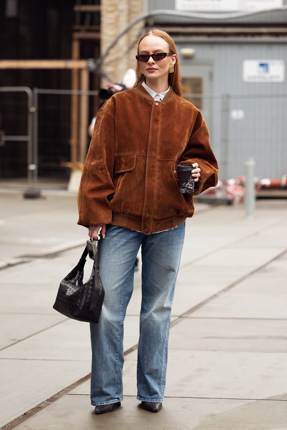 Oversized Bomber Jacket With Button-Down Shirt — Classy Brown Suede Jacket Outfit
