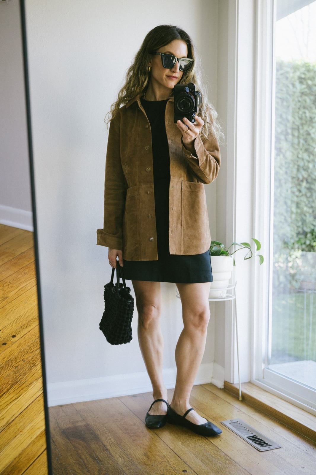 Suede Shirt Jacket Over Black Dress — Classy Brown Suede Jacket Outfit
