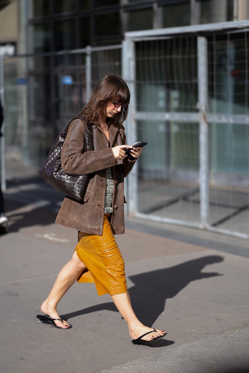 Leather Blazer With Yellow Skirt — Classy Brown Suede Jacket Outfit