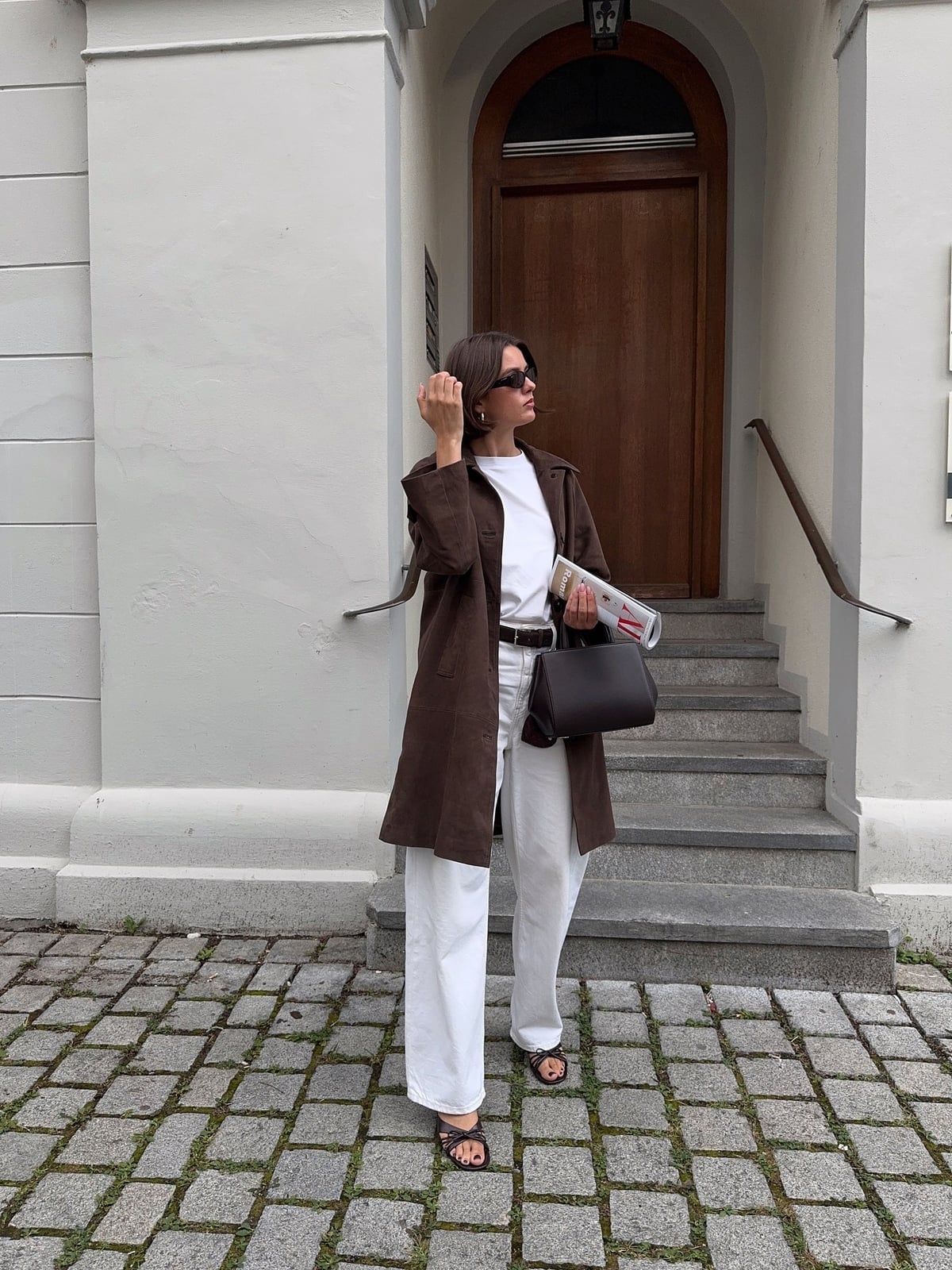 Long Suede Trench Coat With Wide-Leg Trousers — Classy Brown Suede Jacket Outfit