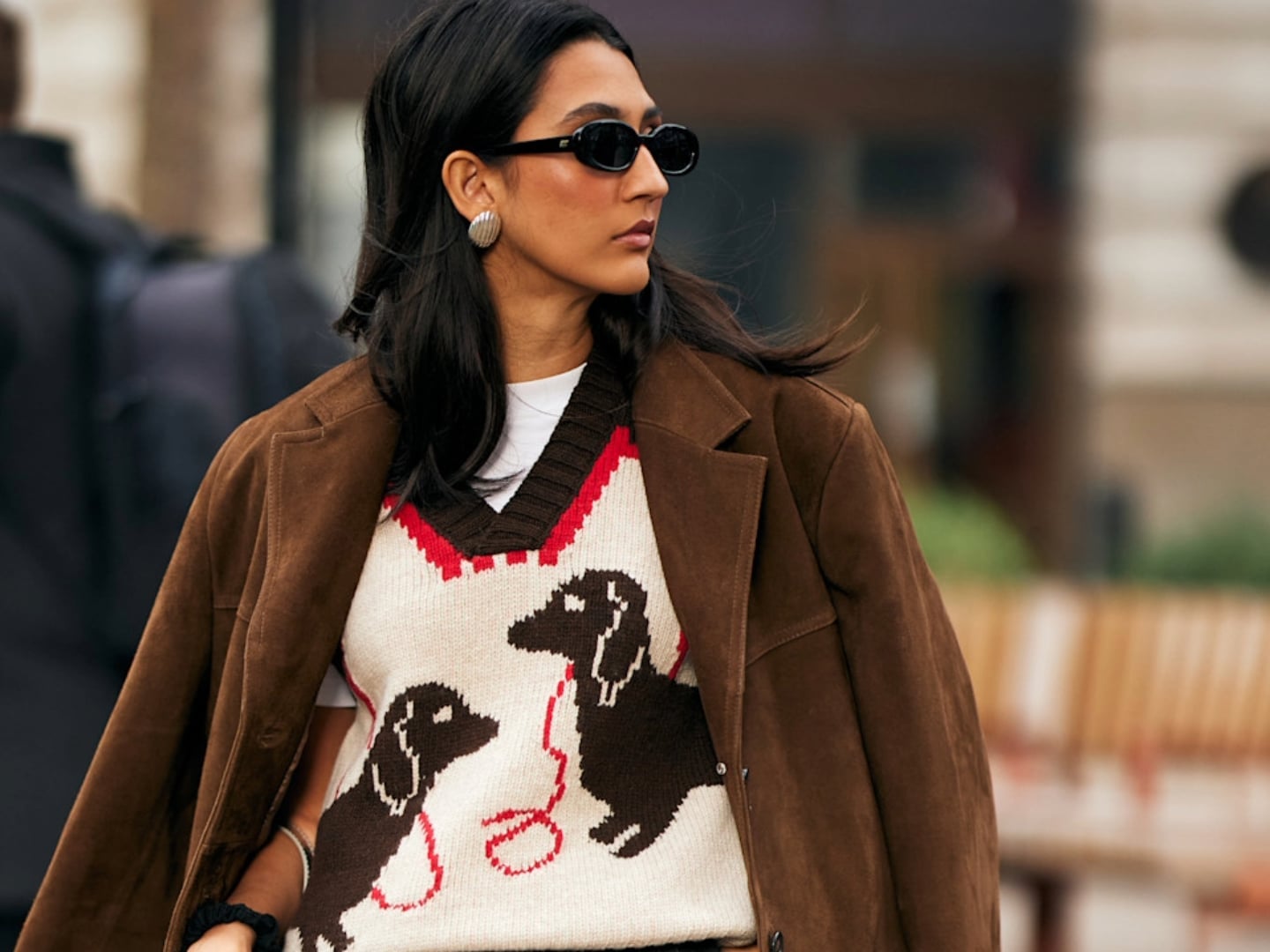 Oversized Blazer With Sweater Vest — Classy Brown Suede Jacket Outfit