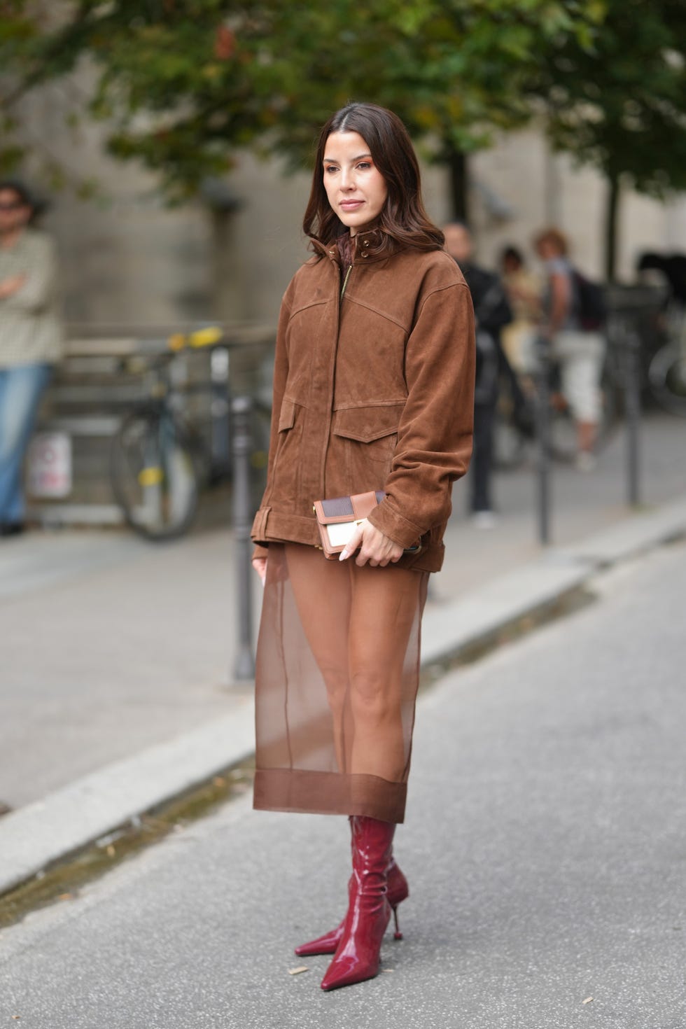Oversized Jacket With Sheer Midi Skirt — Classy Brown Suede Jacket Outfit