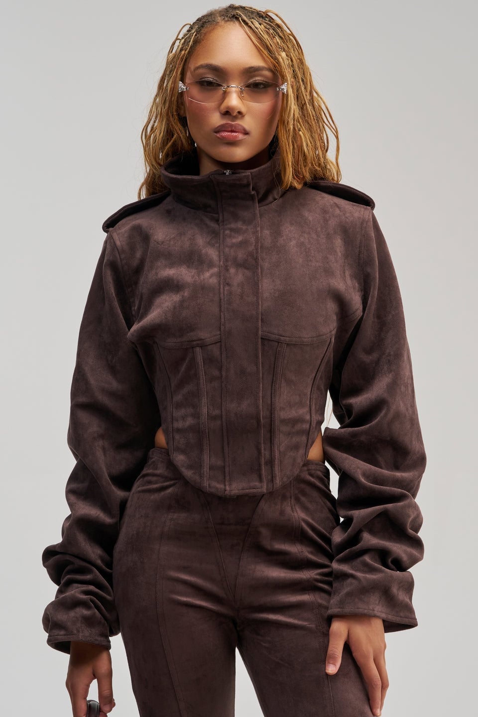 Cropped Jacket With Corset Waist And Matching Trousers — Classy Brown Suede Jacket Outfit
