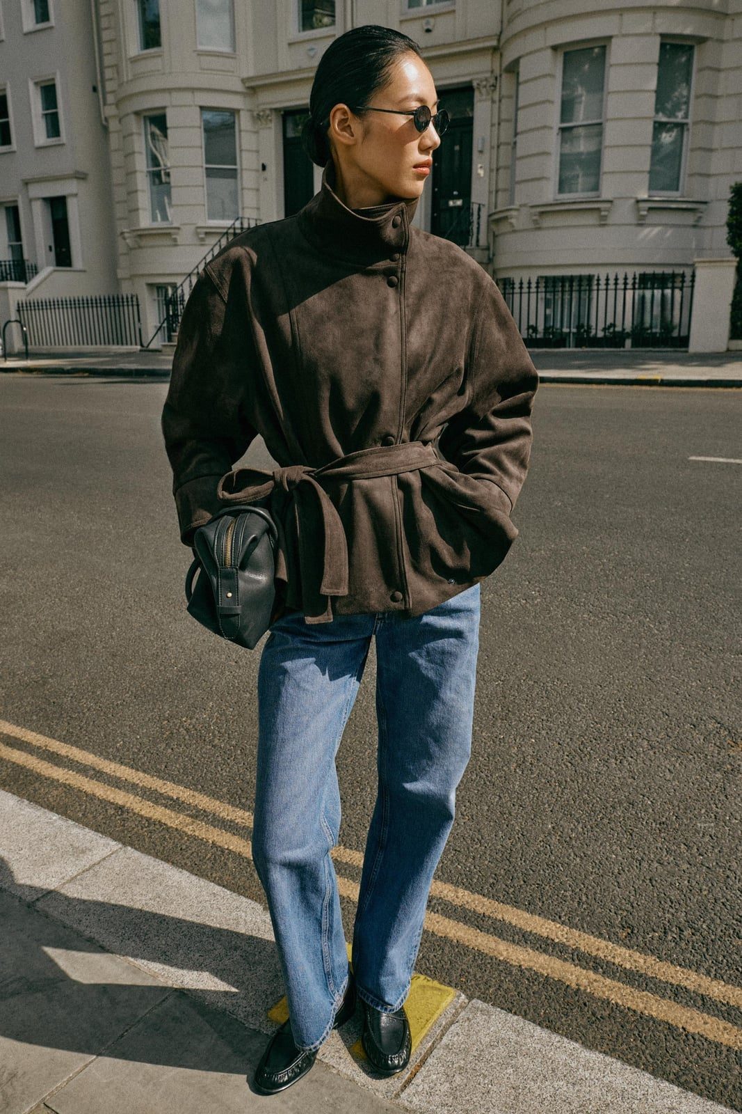 Belted Suede Jacket With Jeans And Loafers — Classy Brown Suede Jacket Outfit