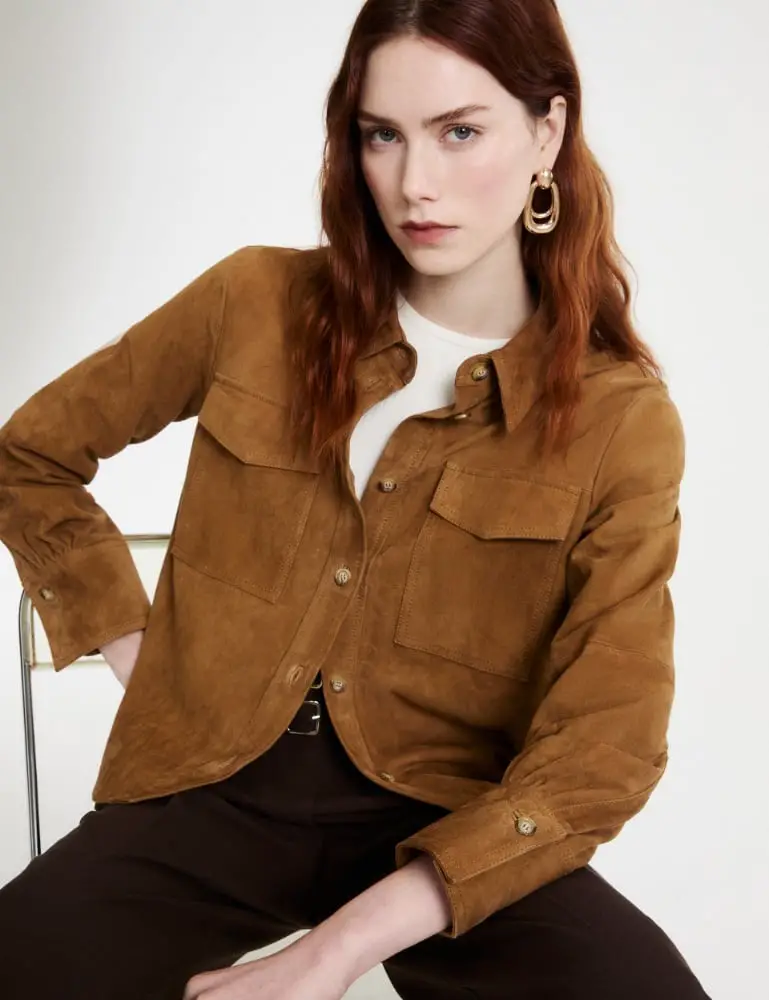 Fitted Jacket With White Top And Brown Pants — Classy Brown Suede Jacket Outfit