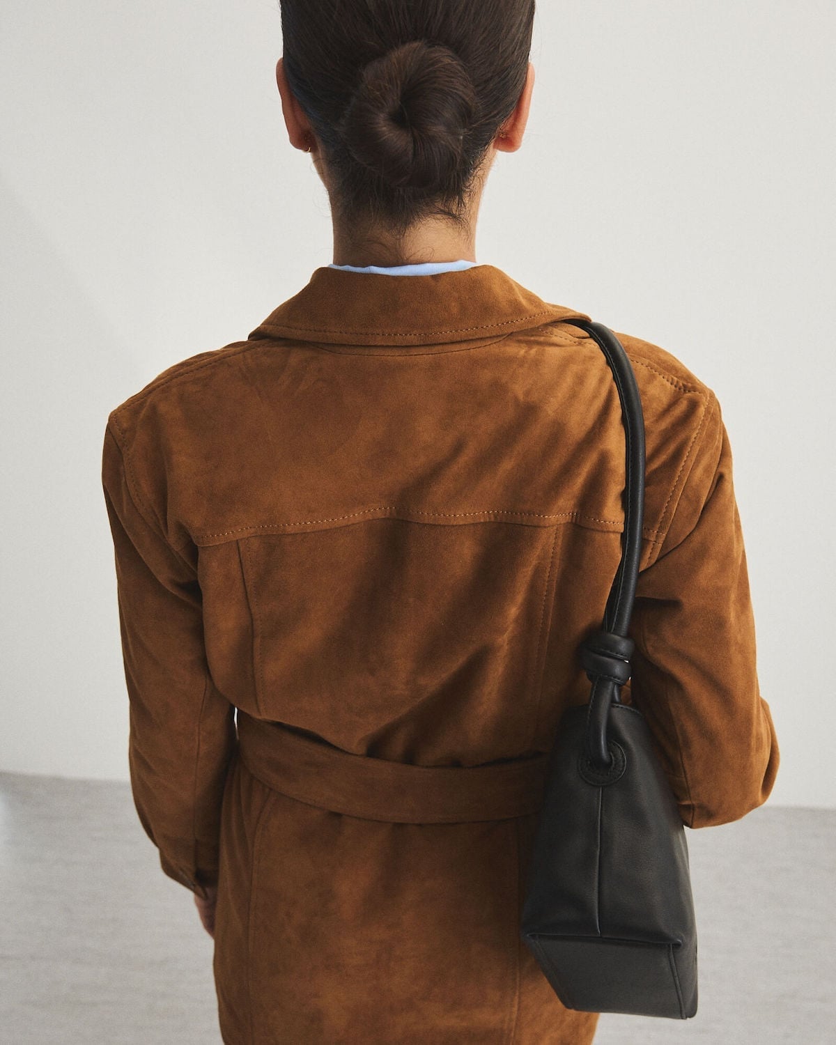 Belted Suede Jacket With Black Bag — Classy Brown Suede Jacket Outfit