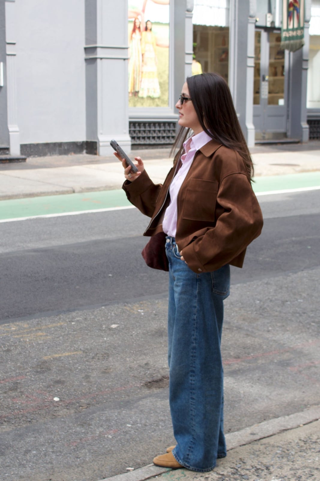 Oversized Jacket With Striped Shirt And Jeans — Classy Brown Suede Jacket Outfit