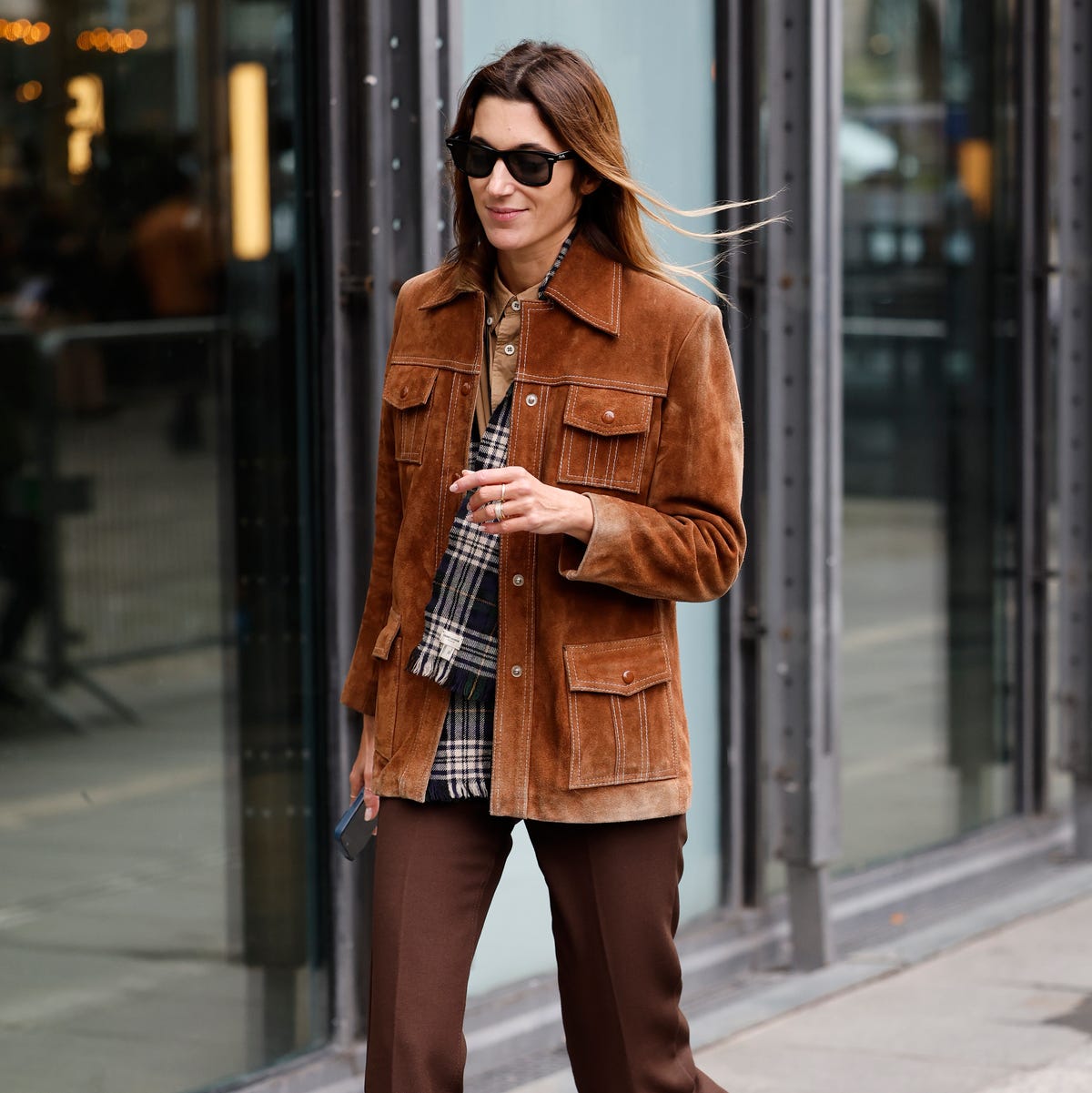 Utility Suede Jacket Over Plaid Shirt — Classy Brown Suede Jacket Outfit