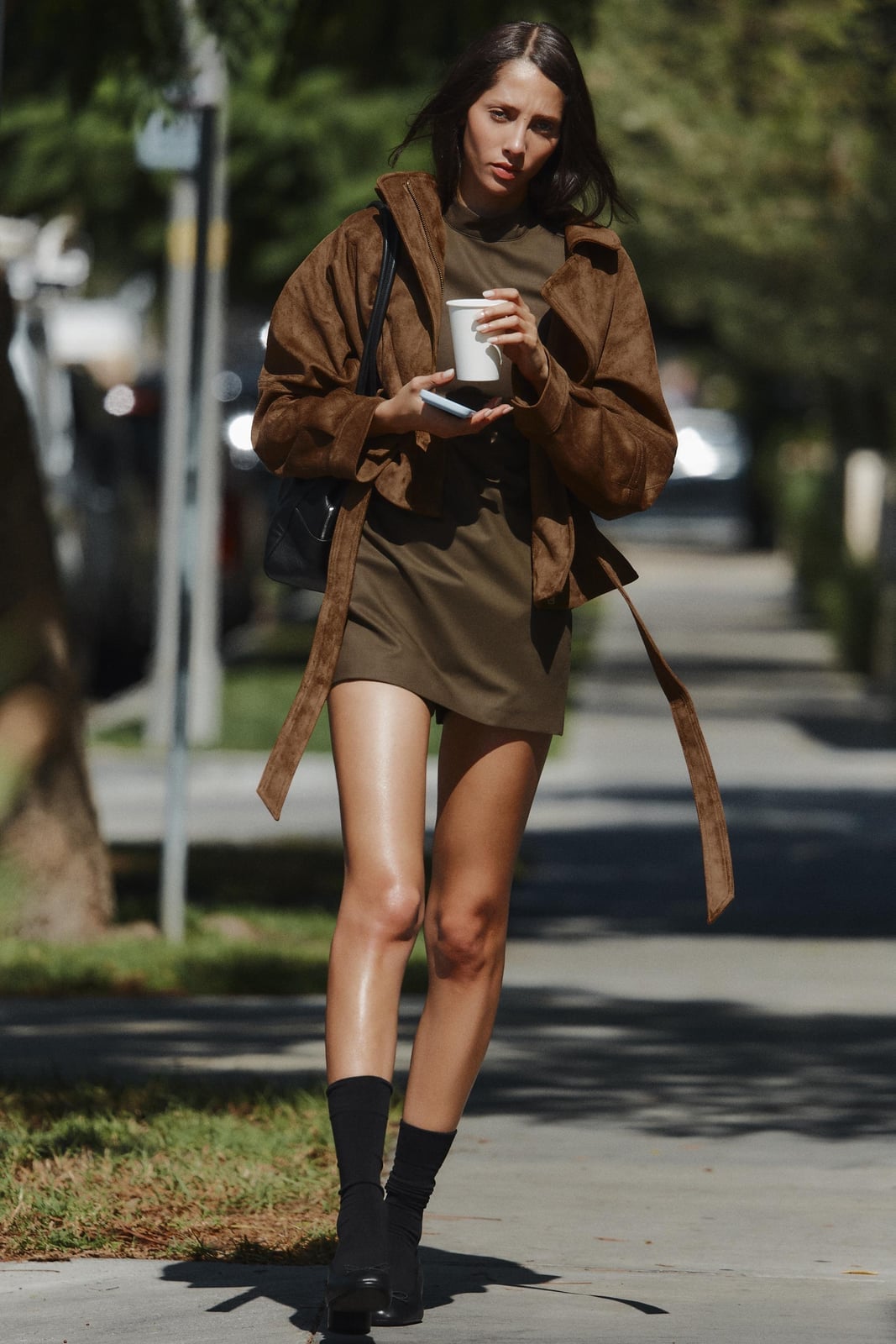 Oversized Belted Jacket With Olive Dress — Classy Brown Suede Jacket Outfit