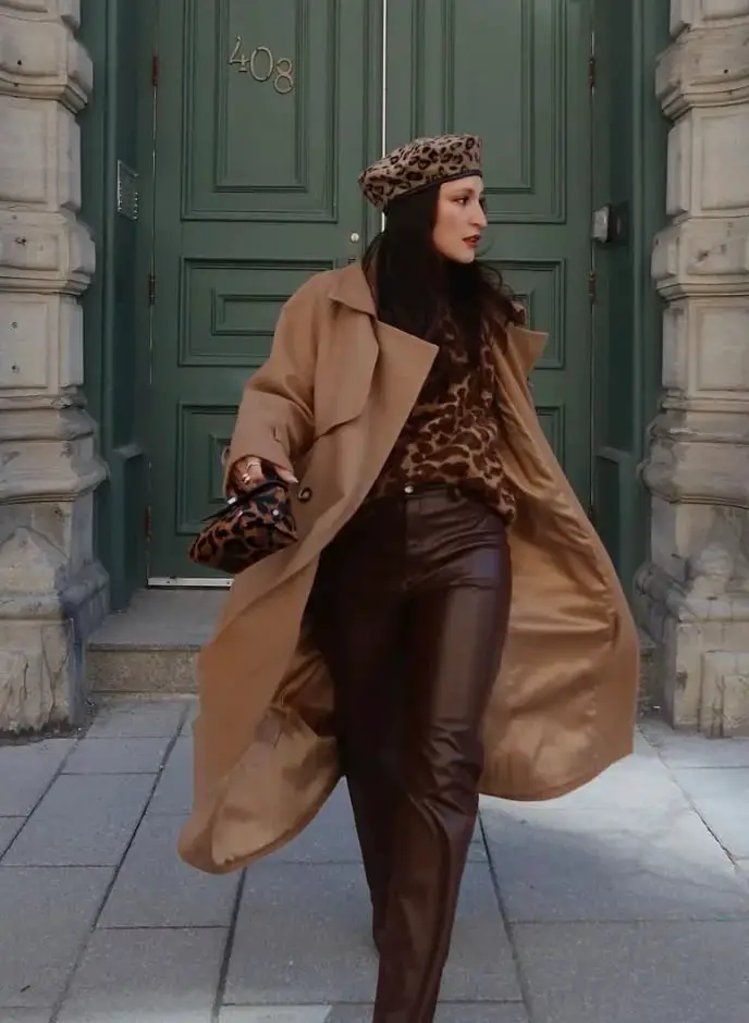 Brown Leather Straight-Leg Trousers with a Leopard Print Top Brown Leather Straight-Leg Trousers with a Leopard Print Top — Classy Brown Trousers Outfit