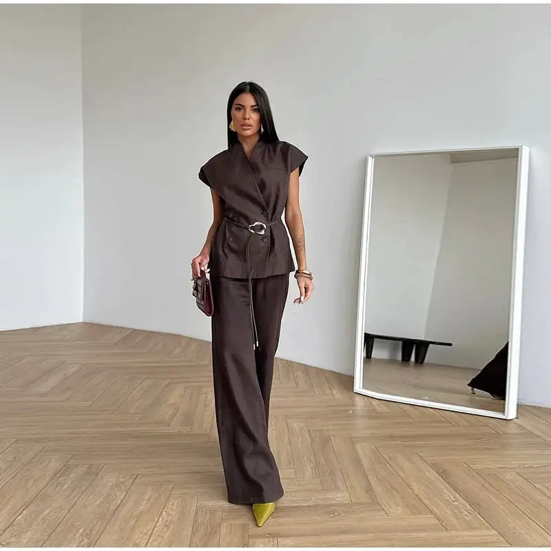 Brown Wide-Leg Trousers with a Gold-Belted Wrap Top Brown Wide-Leg Trousers with a Gold-Belted Wrap Top — Classy Brown Trousers Outfit