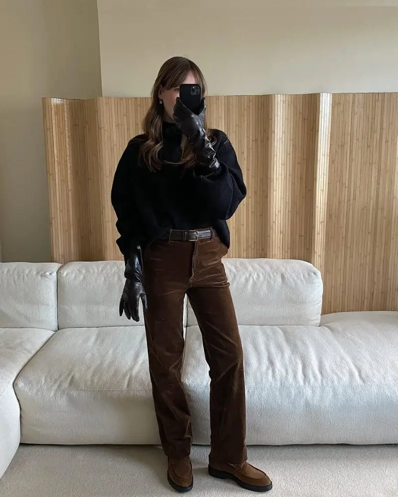 Brown Corduroy Wide-Leg Trousers with a Black Turtleneck Brown Corduroy Wide-Leg Trousers with a Black Turtleneck — Classy Brown Trousers Outfit