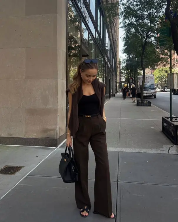 Dark Brown Wide-Leg Trousers with a Black Top and Brown Sweater Dark Brown Wide-Leg Trousers with a Black Top and Brown Sweater — Classy Brown Trousers Outfit