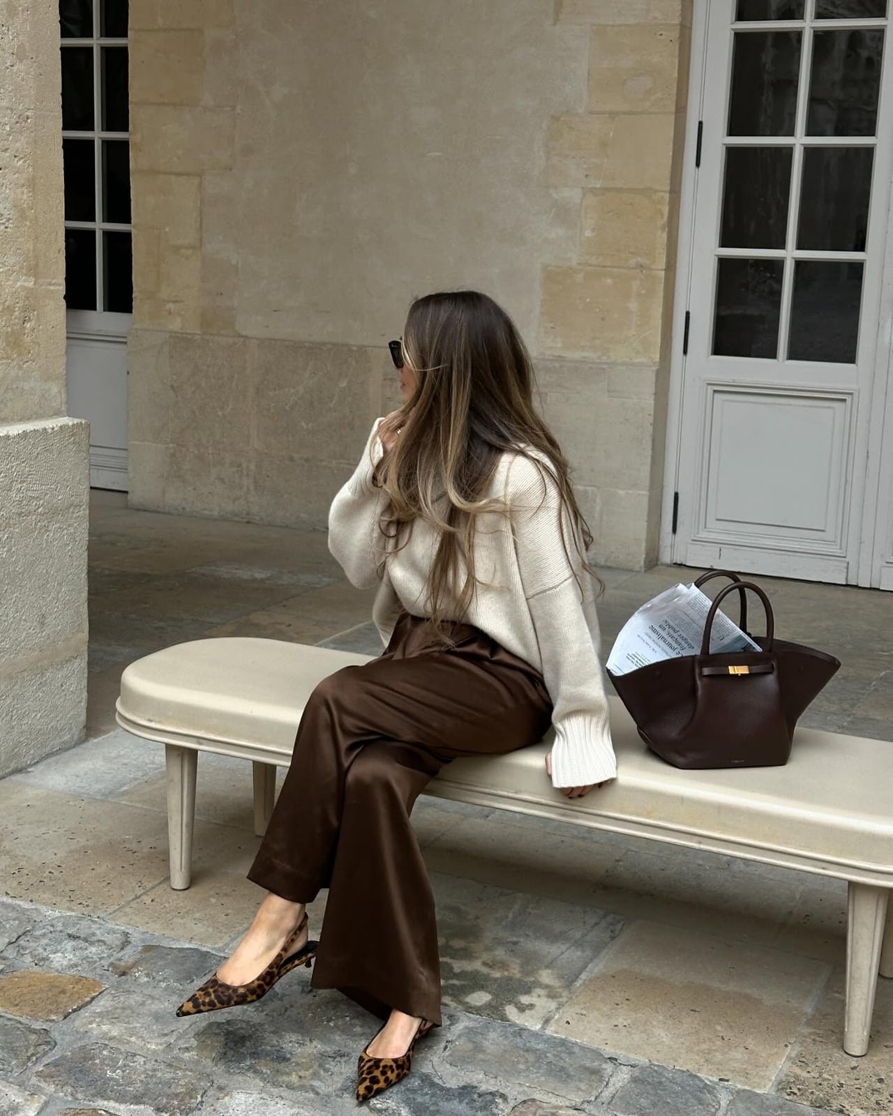 Brown Satin Wide-Leg Trousers with a Cream Knit Sweater Brown Satin Wide-Leg Trousers with a Cream Knit Sweater — Classy Brown Trousers Outfit