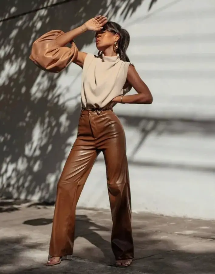 Brown Leather Wide-Leg Trousers with a Beige Sleeveless Top Brown Leather Wide-Leg Trousers with a Beige Sleeveless Top — Classy Brown Trousers Outfit