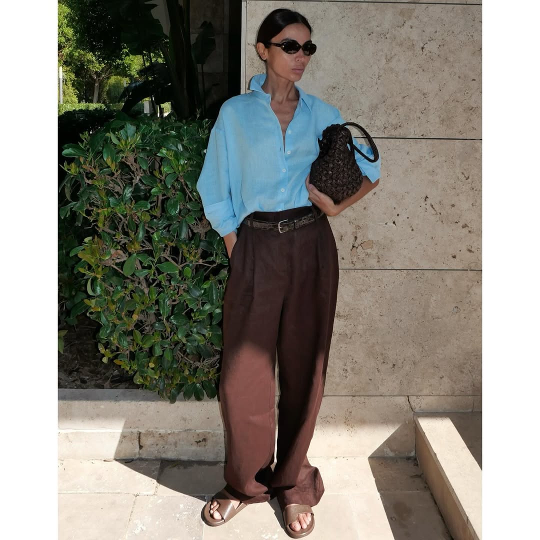 Brown Linen Wide-Leg Trousers with a Light Blue Oversized Shirt Brown Linen Wide-Leg Trousers with a Light Blue Oversized Shirt — Classy Brown Trousers Outfit