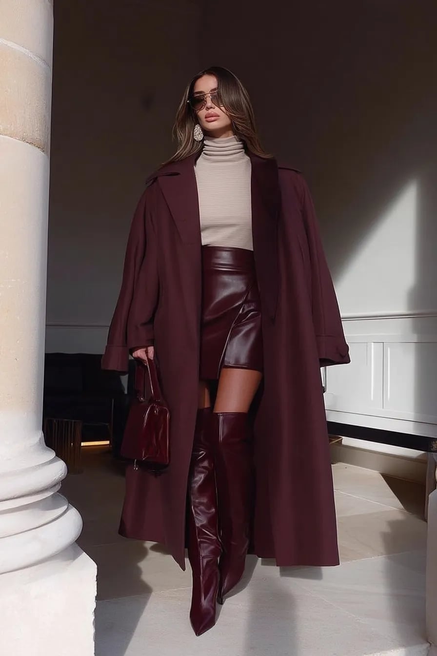 Monochromatic Burgundy Leather with Knee-High Boots Monochromatic Burgundy Leather with Knee-High Boots — Classy Burgundy Boots Outfit