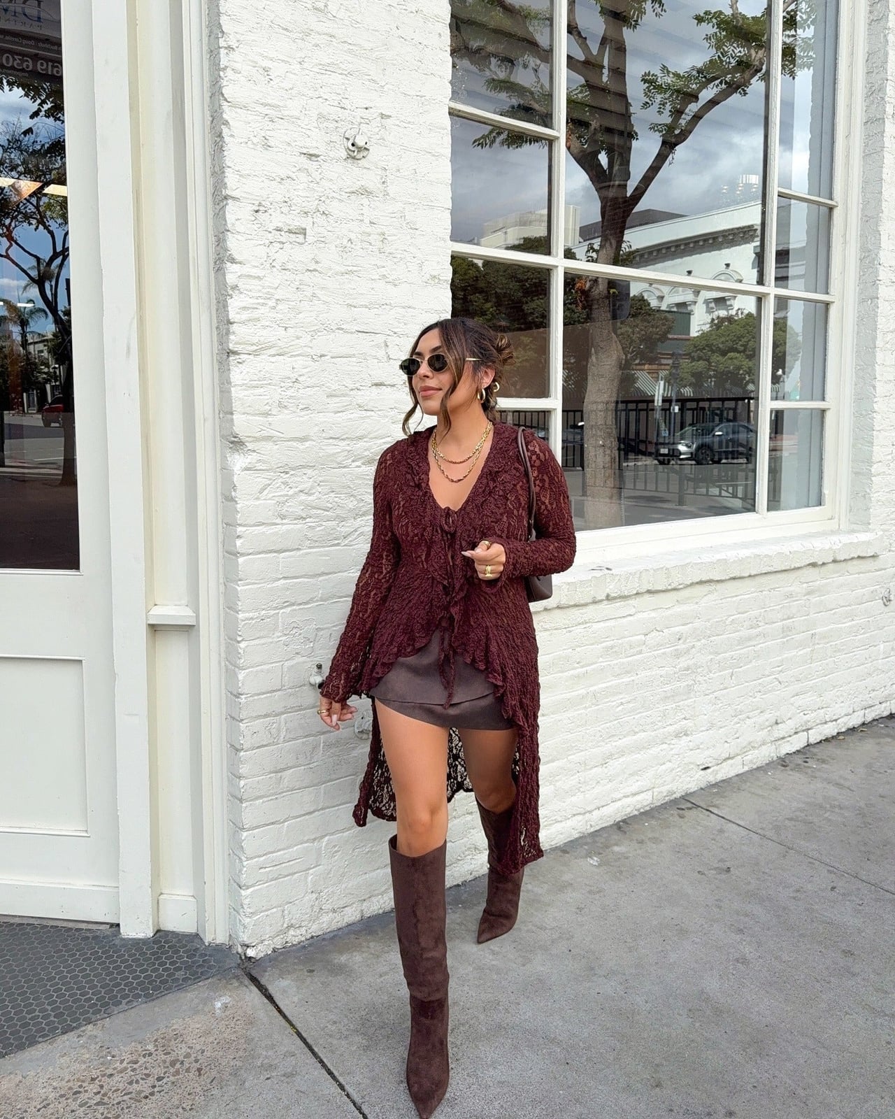 Burgundy Lace Cardigan with Brown Boots Burgundy Lace Cardigan with Brown Boots — Classy Burgundy Boots Outfit