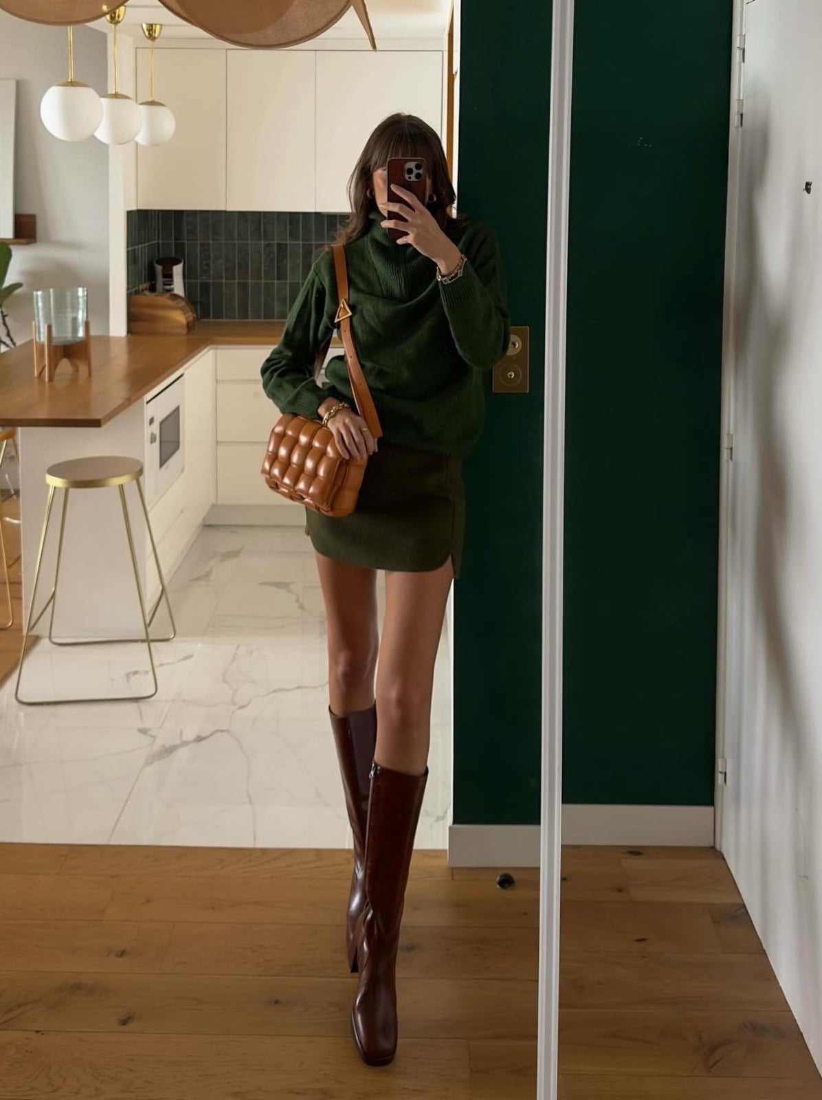 Monochromatic Green with Brown Leather Boots Monochromatic Green with Brown Leather Boots — Classy Burgundy Boots Outfit