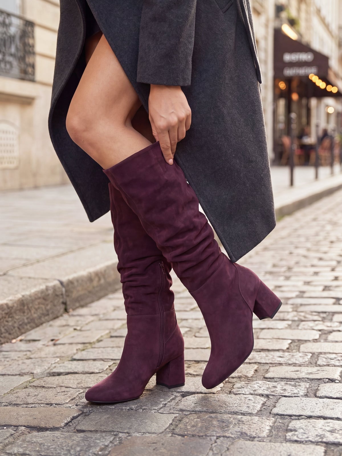 Burgundy Slouch Boots with Gray Coat Burgundy Slouch Boots with Gray Coat — Classy Burgundy Boots Outfit