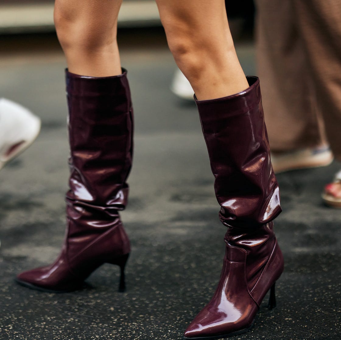 Shiny Burgundy Patent Slouch Boots Shiny Burgundy Patent Slouch Boots — Classy Burgundy Boots Outfit