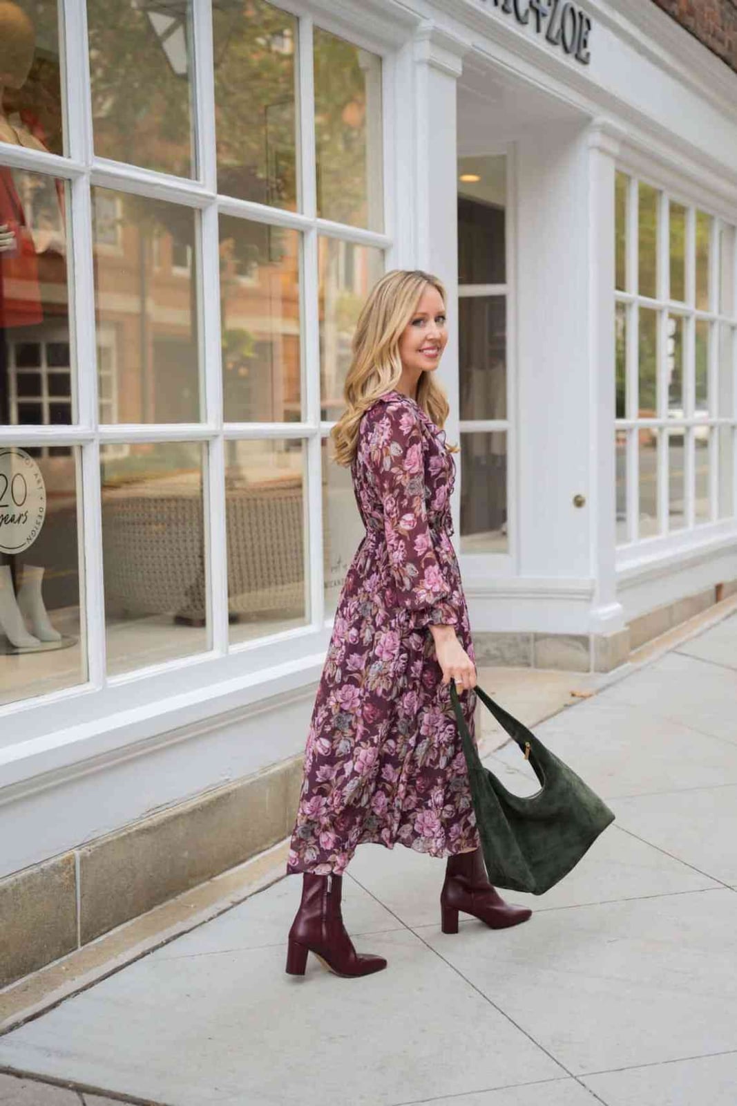 Burgundy Block Heel Boots with Floral Dress Burgundy Block Heel Boots with Floral Dress — Classy Burgundy Boots Outfit