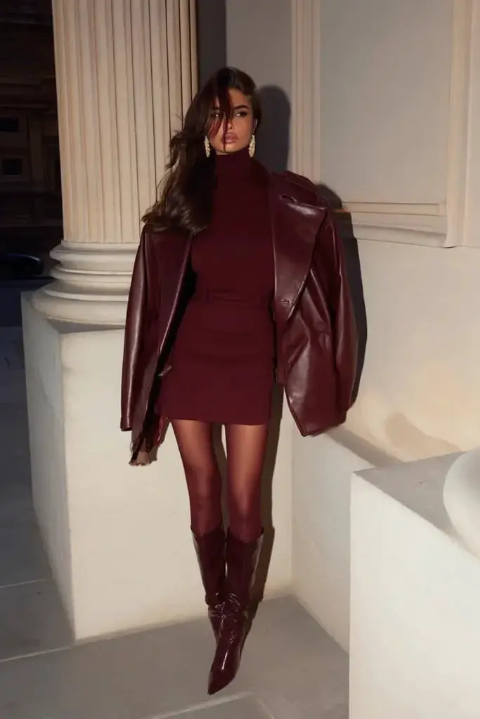 Evening Monochromatic Burgundy Leather Evening Monochromatic Burgundy Leather — Classy Burgundy Boots Outfit